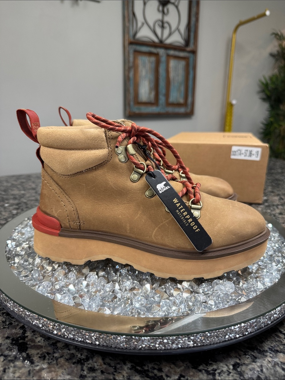 Sorel Tan Leather Waterproof Combat Boot with Red Accents - NEW 6